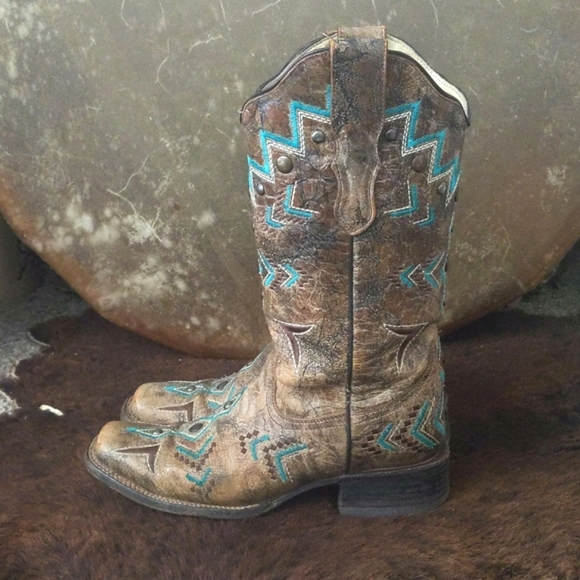 CORRAL E1024 Brown/turquoise aztec distressed cowgirl boots square toe sz 7.5 - Picture 2 of 16